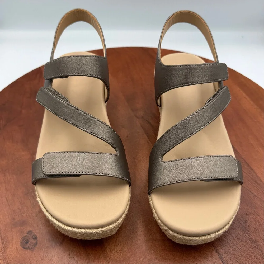 Abeo‎ Riviera Adjustable Wedge Espadrille Sandal Fossil Leather Womens 7.5 MET